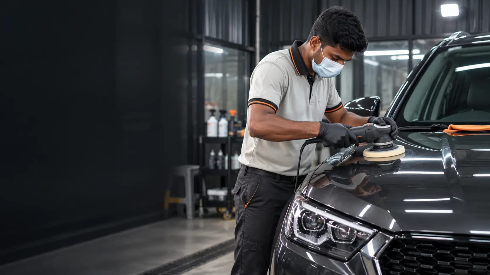 EasyCare technician machine polishing a vehicle bonnet in the detailing bay
