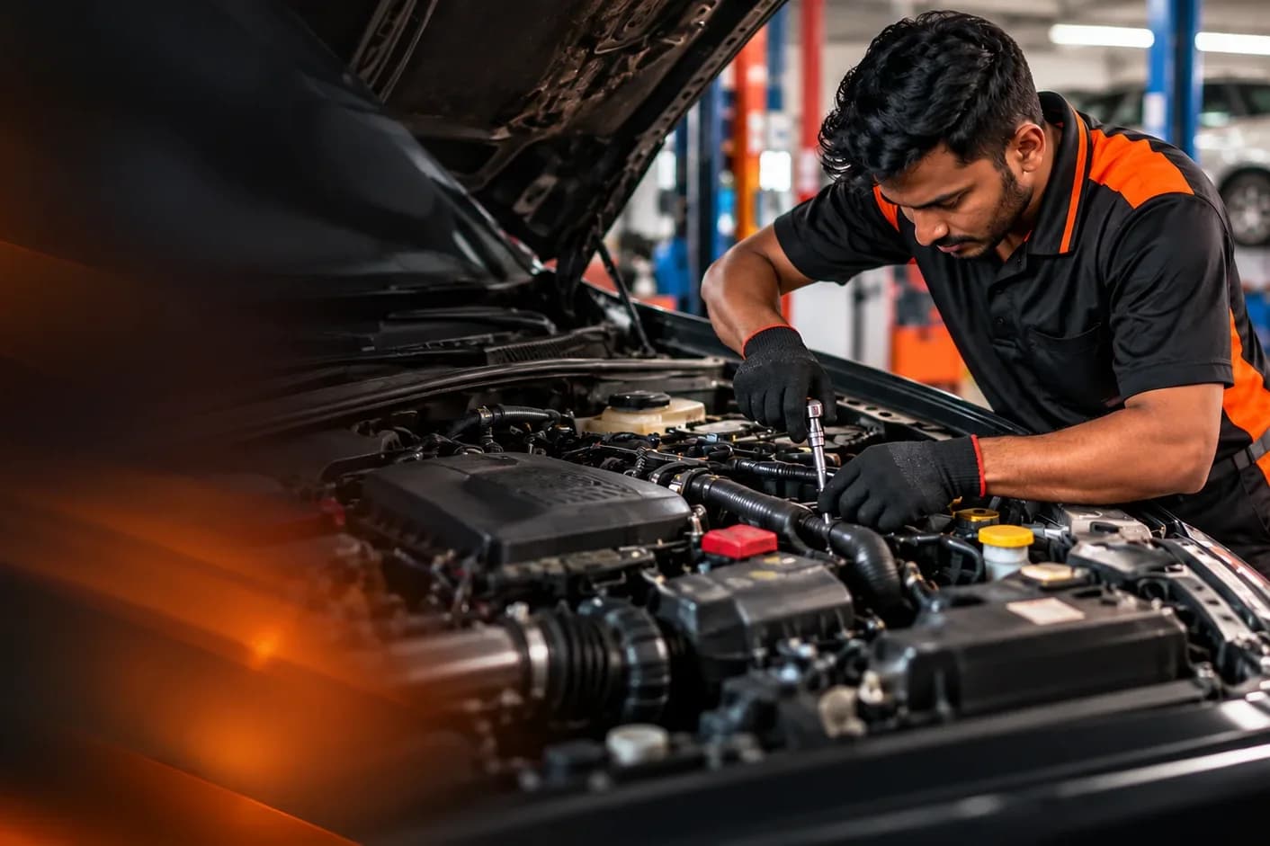 Technician working on a vehicle engine in a workshop
